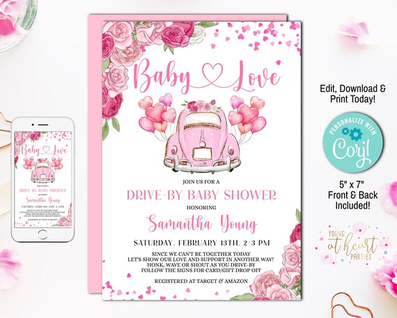 Editable Drive By Baby Shower Invitation Pink Car Girl Valentine Drive By Baby Shower Pink Heart Baby Shower Instant Download Corjl Template Il_570xn