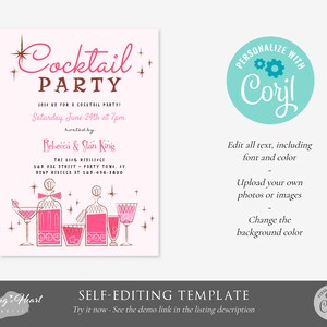 Mid Century Retro Cocktail Party Template, Editable 50s Cocktail Party Invite, Vintage Cocktail Party Invitation, Retro Pink Party Invite image 7