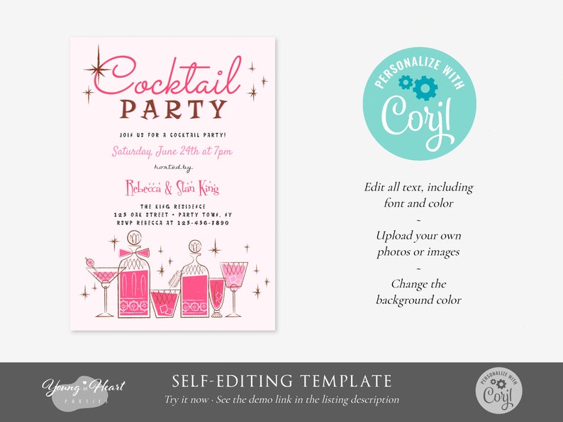 Mid Century Retro Cocktail Party Template, Editable 50s Cocktail Party Invite, Vintage Cocktail Party Invitation, Retro Pink Party Invite image 7