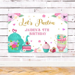 Tea Party Birthday Backdrop Template, Editable Par-tea Birthday Banner, Pink Gold, Floral Whimsical Tea Party Decorations, Corjl image 1