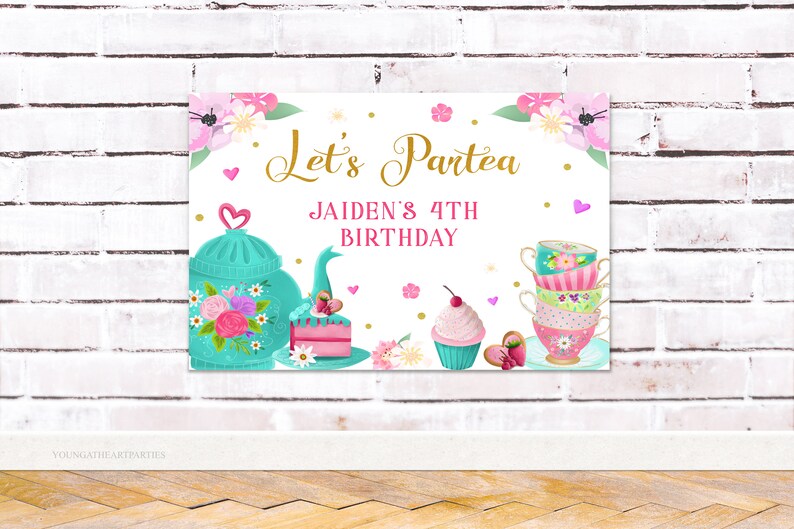 Tea Party Birthday Backdrop Template, Editable Par-tea Birthday Banner, Pink Gold, Floral Whimsical Tea Party Decorations, Corjl image 1