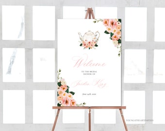 Tea Party Welcome Sign Template, Printable Bridal Tea Shower Welcome Poster, Blush Pink Floral Bridal Brunch Sign, Edit with Corjl, PPFT