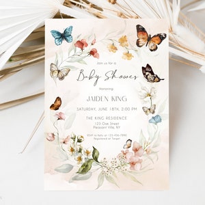 Butterfly Wildflowers Baby Shower Invitation Template, Boho Butterfly Baby Shower Invite, Editable Wildflowers Baby Shower Invite, Corjl