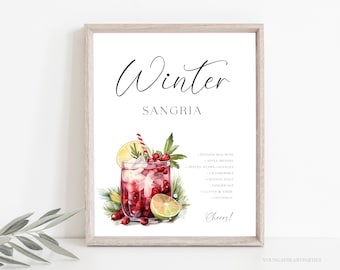 Winter Sangria Cocktail Recipe Sign, Signature Christmas Cocktail Bar Sign, Editable Holiday Drink Menu Recipe Sign, Corjl Template