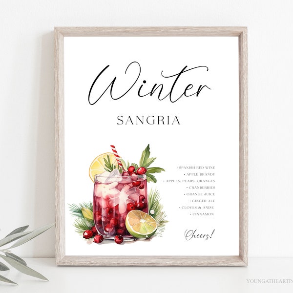 Winter Sangria Cocktail Recipe Sign, Signature Christmas Cocktail Bar Sign, Editable Holiday Drink Menu Recipe Sign, Corjl Template