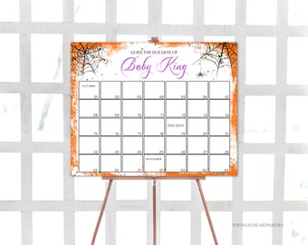 Halloween Baby Shower Due Date Calendar Template, Editable Baby Shower Due Date Calendar Game, Orange, Purple, October Baby Shower, Corjl