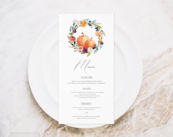 Fall Floral Menu Template, Editable Thanksgiving Menu, Floral Pumpkin Menu, Fall Elegant Menu, Printable Menu Card, Corjl, FPI001