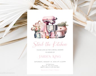 Pink Stock The Kitchen Bridal Shower Einladung, Pink Kitchen Invite, Retro Pink Bridal Shower, Evite Vorlage, Kitchen Tools Invite, Corjl