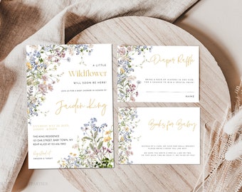 Wildflower Baby Shower Invitation Set, Boho Wildflowers Baby Shower Bundle, Boho Baby Shower Suite, Books for Baby, Diaper Raffle, WMF