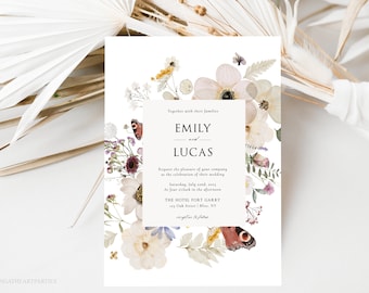 Boho Wildflower Wedding Invitation Template, Pressed Flowers Wedding Invitation, Dried Florals Invite, Printable Wedding Invitation, DFWF