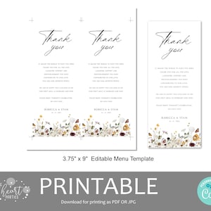 Wildflower Place Setting Thank You, Boho Florals Thank You Letter Template, Editable Wedding Napkin Note, Wedding Menu Thank You Card, DFWF image 6