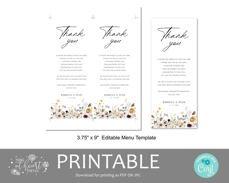 Wildflower Place Setting Thank You, Boho Florals Thank You Letter Template, Editable Wedding Napkin Note, Wedding Menu Thank You Card, DFWF image 6
