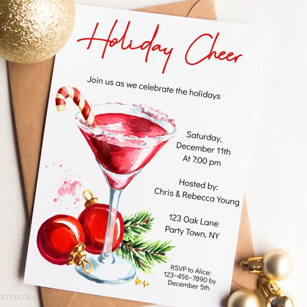 Holiday Cocktail Party Invitation Template, Christmas Party Invite, Holiday Cheer, Editable Invitation, Digital or Printable