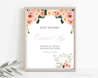 Tea Party Custom Signs Template, Create Your Own Signs, 100% Editable Text, Blush Pink Florals Tea Party Sign, DIY Unlimited Signs, PPFT