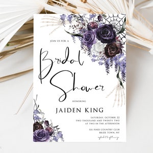 Gothic Bridal Shower Invitation Template, Editable Halloween Bridal Shower Invite, Purple and Black, Elegant Halloween Florals, SBHB01