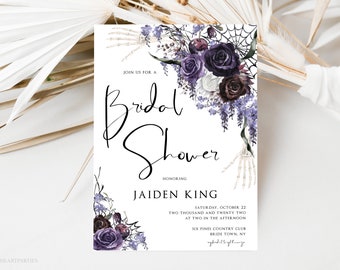 Gothic Bridal Shower Invitation Template, Editable Halloween Bridal Shower Invite, Purple and Black, Elegant Halloween Florals, SBHB01