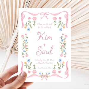 Modèle "Retenez cette date" floral lunatique dessiné à la main, carte "Retenez notre date" pour mariage dans le jardin, illustration de griffonnage sur ruban, polices manuscrites, W1