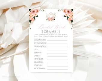 Printable Tea Party Bridal Word Scramble, Editable Bridal Word Puzzle, Blush Pink Floral Bridal Shower Game, Bridal Game Card Template, PPFT