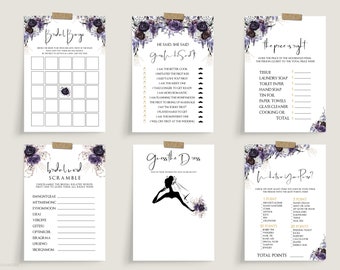 Gothic Bridal Shower Games Bundle Template, Editable Halloween Bridal Shower Games Set, Purple and Black, Elegant Halloween Florals, SBHB01