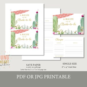 Boho Fiesta Recipe Cards Printable Bridal Shower Recipe Card Taco Bout Love Cactus Bridal Shower Instant Download image 2