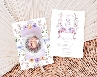 Wildflower Baby Crest Announcement Card, Pretty Pastel Florals Welcome Baby Announcement, Editable Boho Baby Girl Photo Announcement