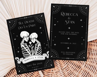 Editable Lovers Tarot Card Save The Date, 'Till Death Do Us Part Save The Date Template, Gothic Skeleton Wedding Announcement, Black White