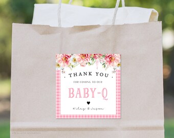 Pink Baby-Q Favor Tag Template, Editable BBQ Baby Shower Favor Tags, Pink Floral Favor Tags, Printable Baby-Q Tags, Baby Shower Barbecue