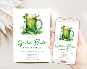 St. Patrick's Day Party Invitation, Green Beer and Good Cheer Invite, Saint Patty Day Celebration, Editable Template, St. Patrick's Evite