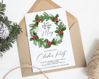 Eat Drink and Be Merry Christmas Invitation, Christmas Party Invitation, Holiday Party Invitation, Holly Berries, Editable Template, Corjl