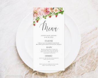 Strawberry Floral Menu Template, Editable Strawberry Menu Card, Bridal Shower Menu Template, ANY EVENT Editable Menu Card, Instant Download