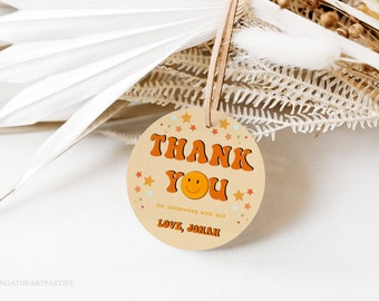 Groovy Boys Birthday Favor Tag Template, Smiley Face Party Thank You Tag, Editable Orange Retro Groovy Party Favors, Hippie 70s Birthday Tag