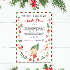 Carta de chegada editável do elfo da primeira vez, carta de retorno do elfo de Natal, estou de volta, elfo de boas-vindas, modelo para impressão do Papai Noel