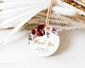 Burgundy Blush Floral Thank You Tag Template, Editable Burgundy Favor Tag, Bridal Shower Printable Tag Template, Fall Floral Round Favor Tag