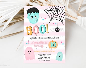 Pastel Halloween Birthday Invitation Template, Editable Girl's Halloween Party Invite, Boo Invitation, Pink and Mint, Instant Download, PH01