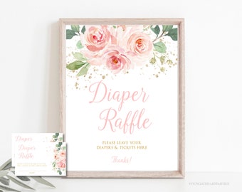 Blush Pink Floral Baby Shower Diaper Raffle Sign with Tickets Template, Editable Baby Shower Diaper Raffle Game Set, Blush Pink Baby Shower