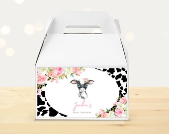 Pink Floral Cow Birthday Party Gable Box Label Template, Girl's Holy Cow I'm One Birthday Decor, Pink Farm Cow 1st Birthday Labels, Corjl