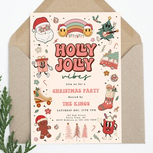 Plantilla de invitación a la fiesta de Navidad Groovy, invitación editable a la fiesta hippie, invitación a la fiesta Holly Jolly Vibes, Navidad retro de los años 70