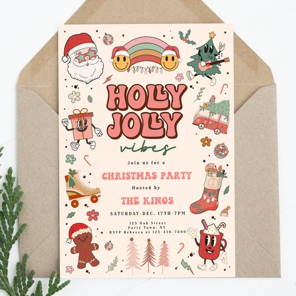 Groovy Christmas Party Invitation Template, Editable Hippie Holiday Party Invitation, Holly Jolly Vibes Party Invitation, 70's Retro Xmas