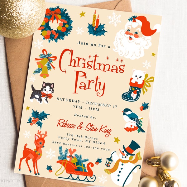 Retro Christmas Party Invitation Template, Editable 50s Christmas Party Invite, Retro Holiday Party Invitation, Instant Download, Corjl