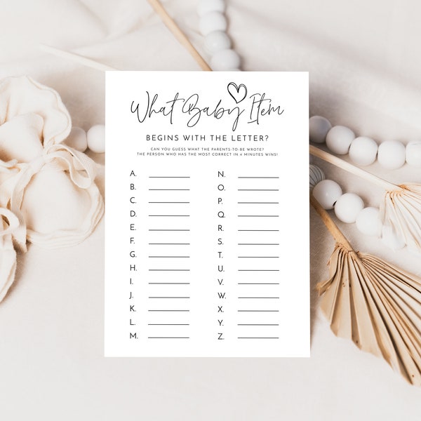 Minimalist ABC Baby Shower Game Template, What Baby Item Begins With The Letter Game?, Gender Neutral Simple Baby Shower Game, MBW11