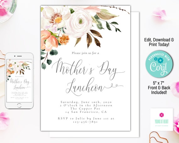 Printable Mother's Day Luncheon Invitation, Peach White Floral Greenery, Editable Printable Mothers Brunch or Party Invitation Il_570xn
