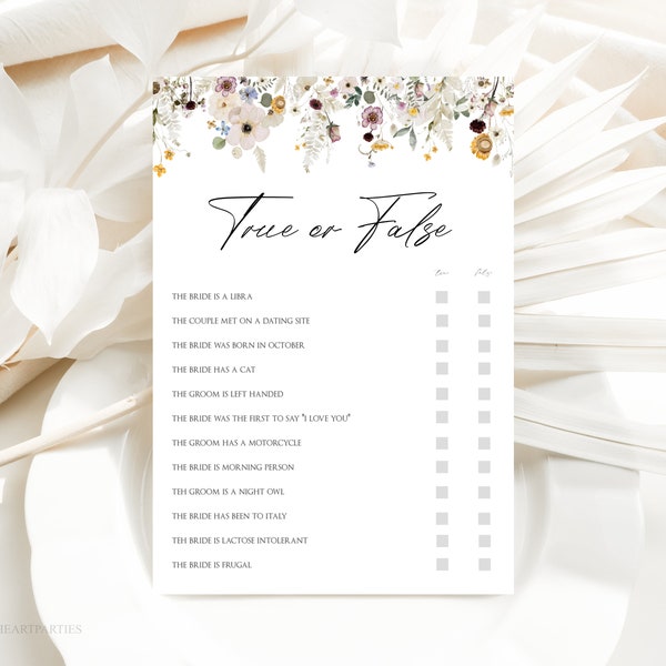 Wildflower True or False Bridal Game, Floral Bridal Shower Game, How well do you know the Bride? Boho Wildflower Bridal Quiz Game, DFWF