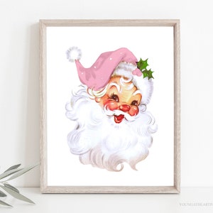 Pink Santa Print, Pink Christmas Printables, Christmas Prints, Vintage Retro Christmas Decor, Instant Download