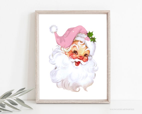 Pink Santa Print, Pink Christmas Printables, Christmas Prints, Vintage ...
