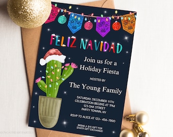 Feliz Navidad Holiday Party Invitation, Christmas Fiesta Party Invite, Christmas Cactus Fiesta Party, Instant Editable Template File, Corjl