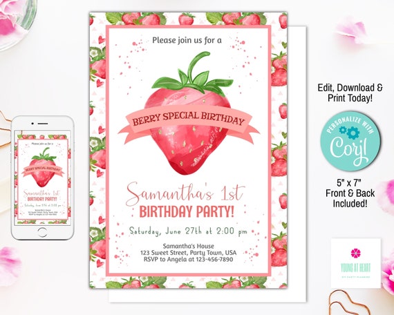 Editable Strawberry Birthday Invitation Girl First Birthday Berry Sweet Pink Download Printable Invitation Template Digital Corjl Il_570xn