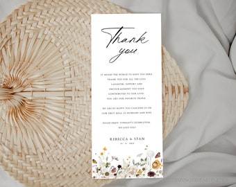 Wildflower Place Setting Thank You, Boho Florals Thank You Letter Template, Editable Wedding Napkin Note, Wedding Menu Thank You Card, DFWF