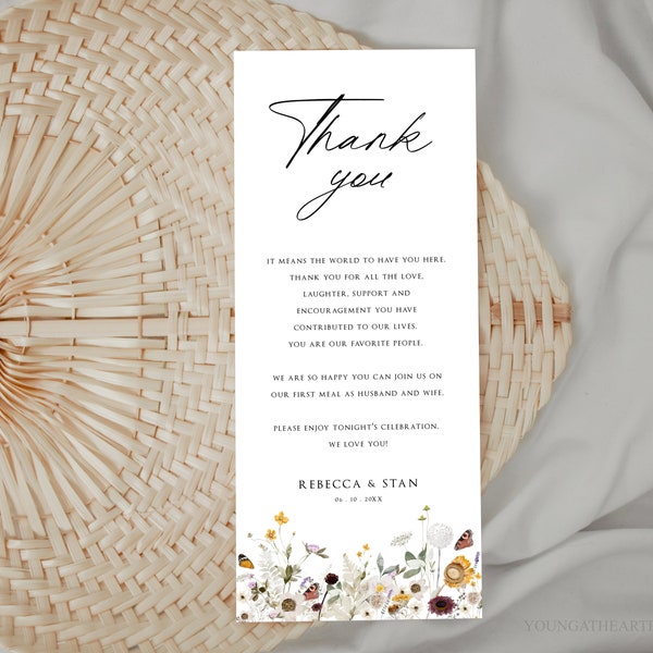 Wildflower Place Setting Thank You, Boho Florals Thank You Letter Template, Editable Wedding Napkin Note, Wedding Menu Thank You Card, DFWF