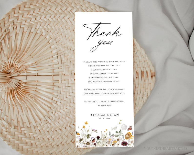 Wildflower Place Setting Thank You, Boho Florals Thank You Letter Template, Editable Wedding Napkin Note, Wedding Menu Thank You Card, DFWF image 1