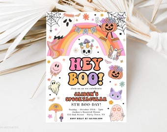 Halloween Retro Groovy Rainbow Hey Boo Birthday Invitation Rainbow Ghost Birthday Party Invite Hippie Halloween Template Instant Download